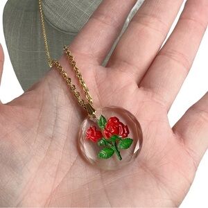 Vintage Germany Painted Rose Round Plastic Pendant Gold Chain Necklace